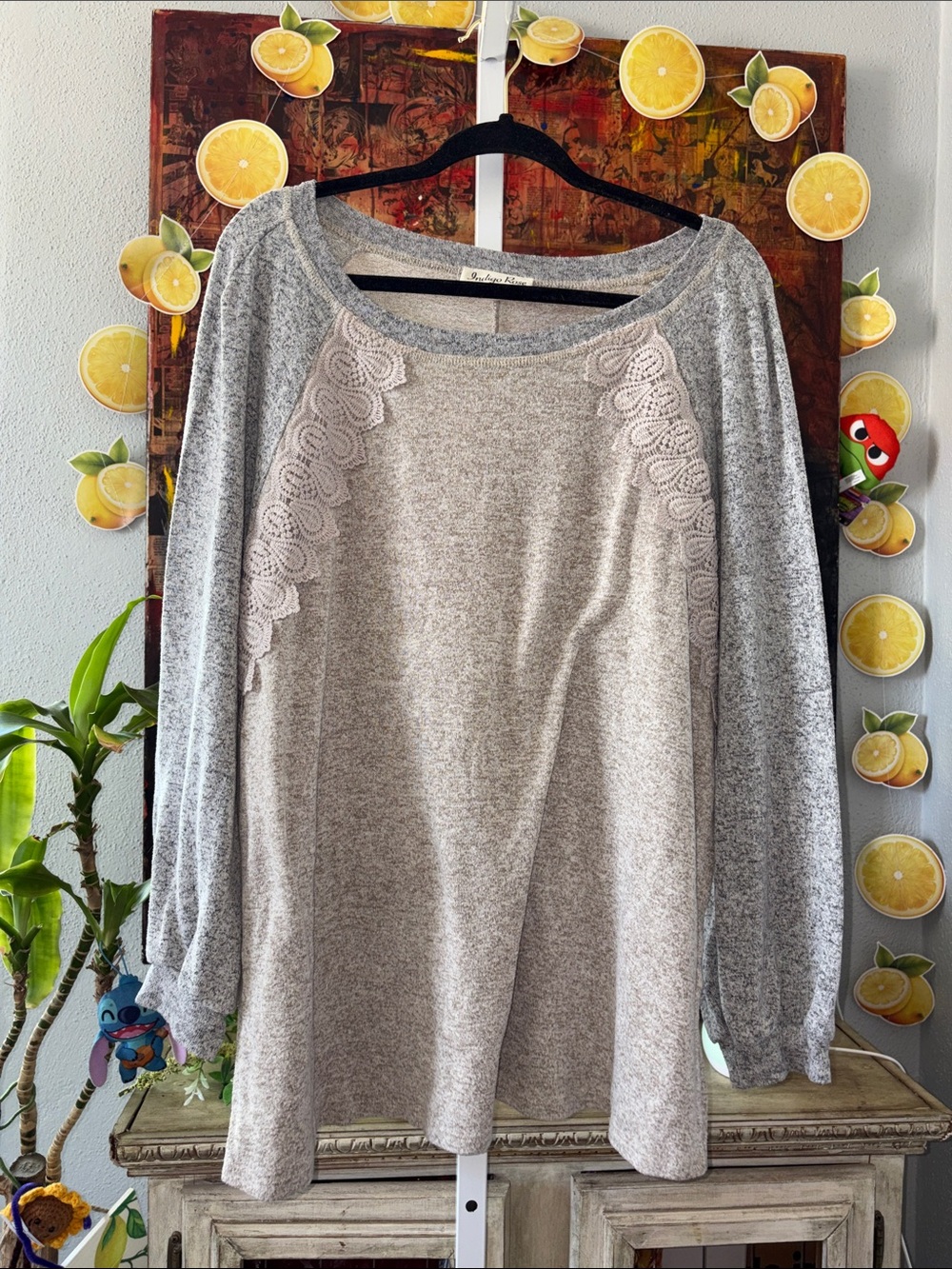 Indigo Rose Light Gray Lace-Trim Raglan Pullover Size 2X